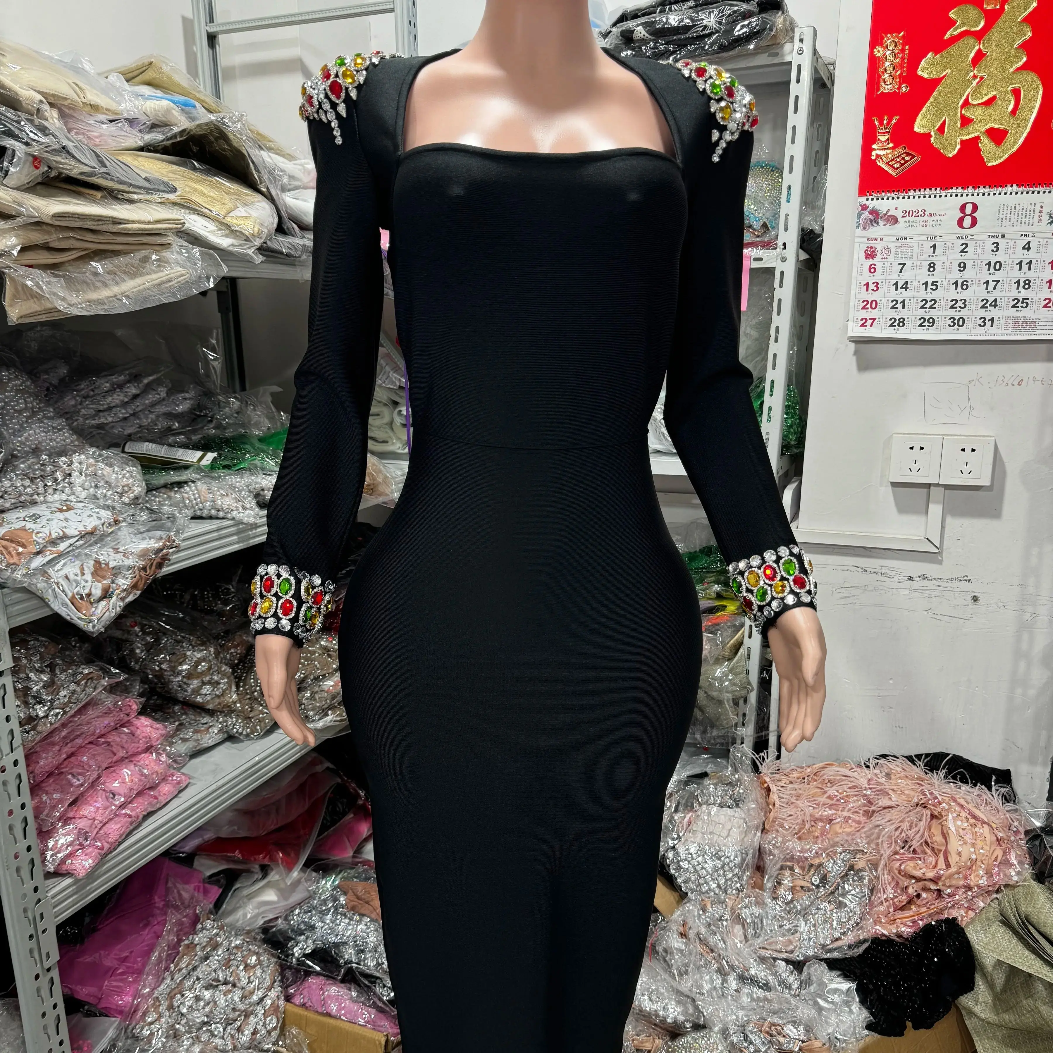 black business dress women Luxury Diamond Long Sleeve Triangle Neck Long Bandage Dress – Knot Bene