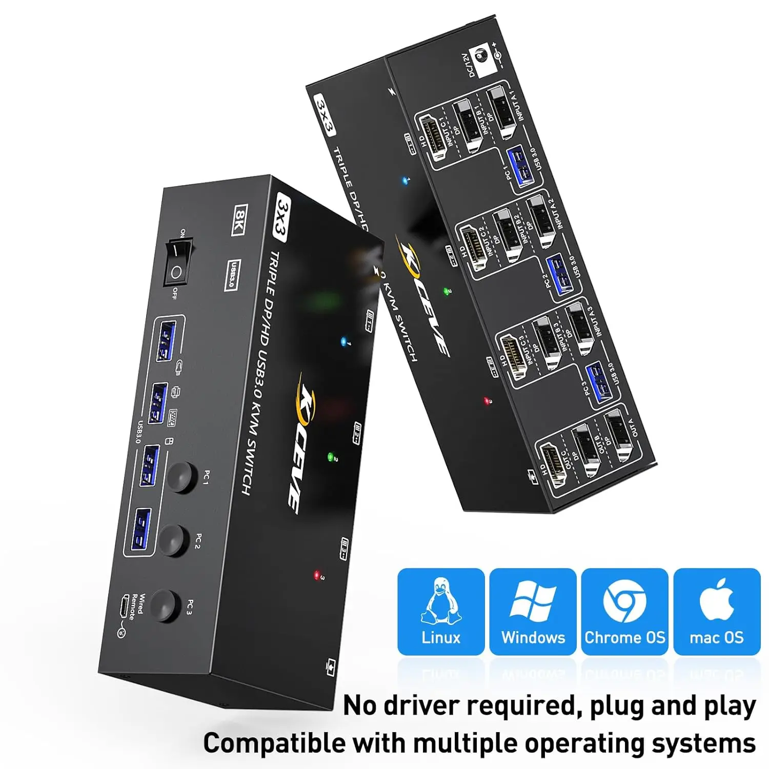 KCEVE HDMI USB 3.0 KVM 스위치, 모니터 3 개, 컴퓨터 3 개, 8K @ 60Hz, 4K @ 144Hz 트리플 모니터 KVM, 4 USB 3.0 포트, KVM Tripl 모니터