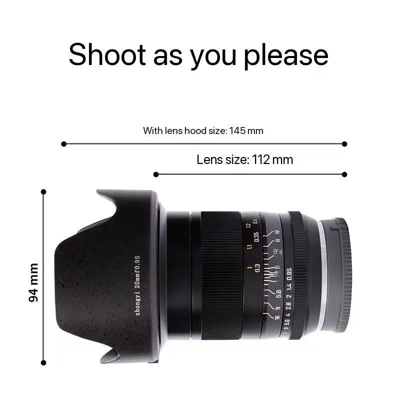 중이 옵틱스 20mm F0.95 카메라 렌즈 초광각 APS-C 수동 초점 렌즈 (니콘 Z, 캐논 RF, 후지필름 XF, E 카메라용)