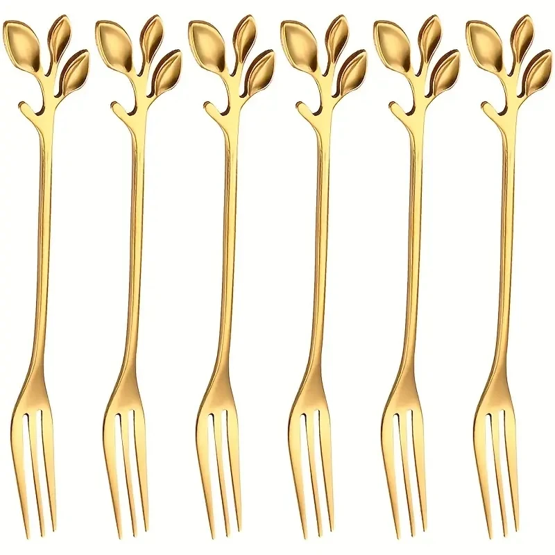 

6pcs Golden Stainless Steel Leaf Fruit Forks Appetizer Forks Set Perfect for Ice Cream Desserts Fruit Cake Forks