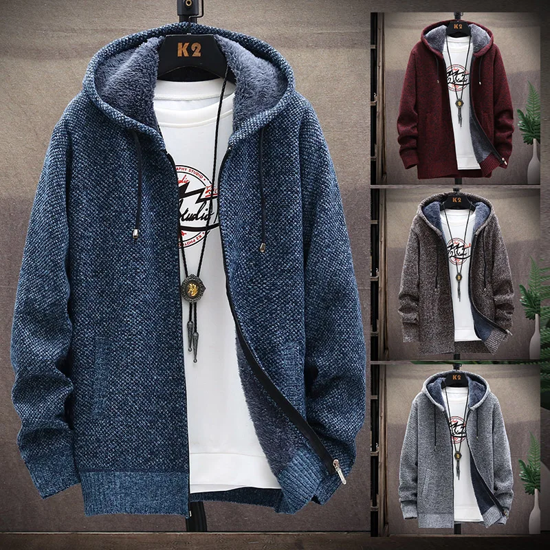 Men's Winter Knitted Sweater Print Korean Fashion Clothes Knitwears Clothing Cardigan Hood With Plush And Thickened Fleece knitted cardigan knitted sweater coat fleece cardigan