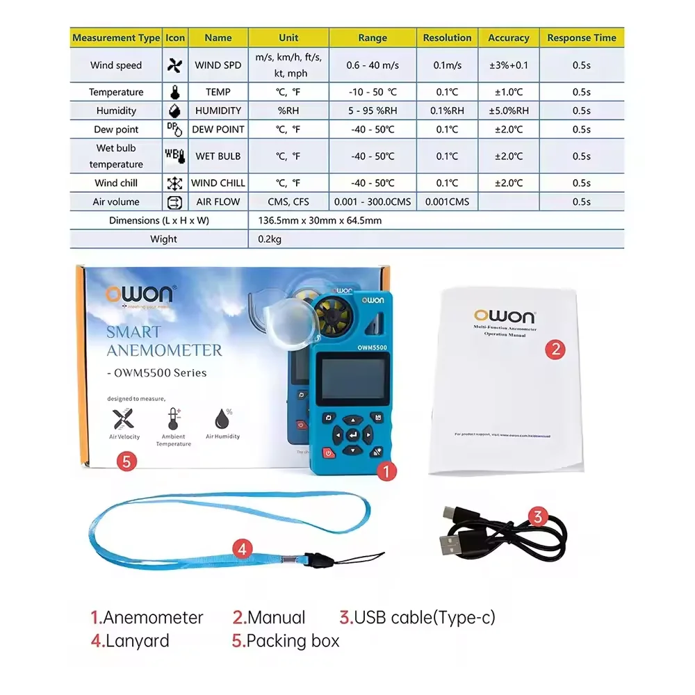 OWON OWM5500 디지털 풍속계, 8000 Aata 메모리, 7가지 측정 모드, 온도 및 습도 APP 원격 제어 기능을 갖춘 7-in-1 제품