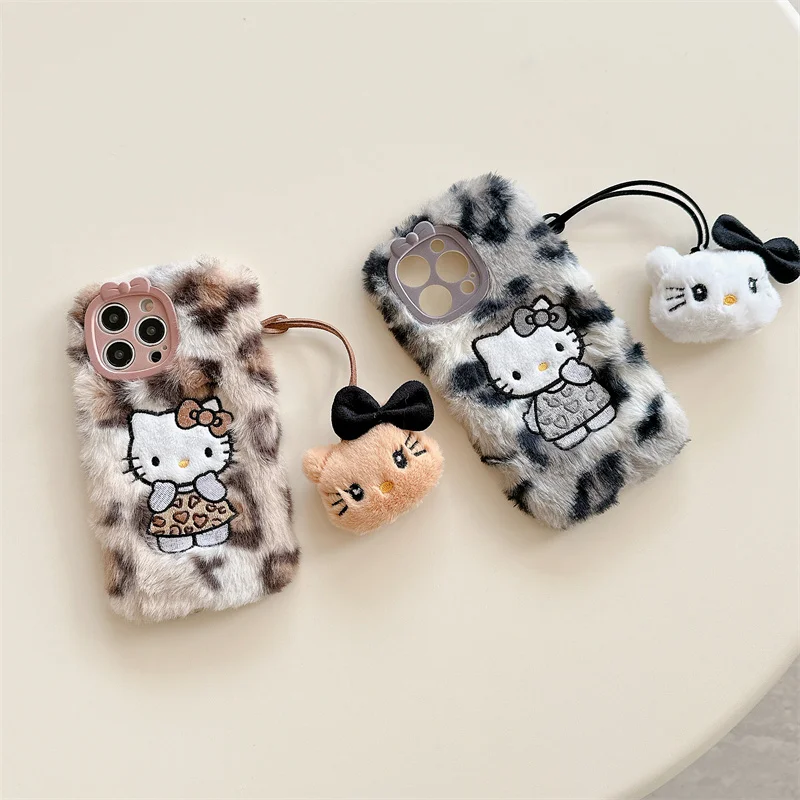 Kawaii Hello Kitty Plush Leopard Phone Case for iPhone 16 at Lusy Store