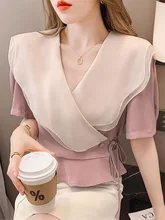  Loose Gauze Spliced V-Neck Bandage Button Oversized Chiffon Blouse 2022 Summer New Commute Tops Sweet Chic Women Clothing Shirt 
