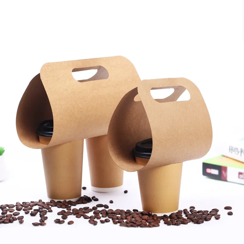 Custom  Disposable Kraft Paper Cup Base Handle Holder Eco Friendly Coffee Milk Tea Cup Tray Takeaway Drink Packaging