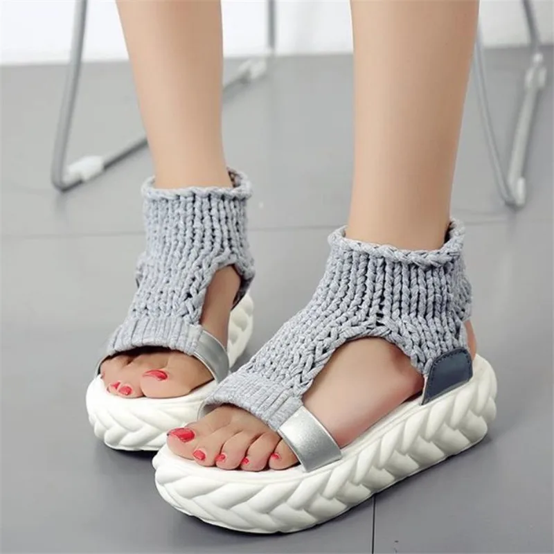 Knitted Elastic Sandals New Summer Shoes Women Fashion Mesh Open Toe Flat Sandals Sweet Hollow Slip-On Female Platform Shoes 