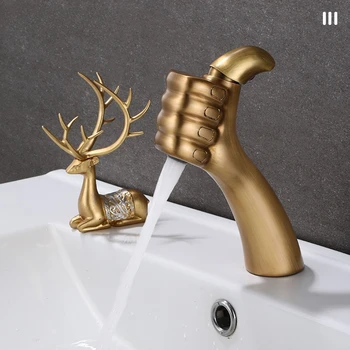 ใหม่ Creative Thumb ก๊อกน้ําห้องน้ําในครัวเรือนห้องน้ําทองเหลืองโบราณอ่างล้างหน้าก๊อกน้ําร้อนและเย็น 1