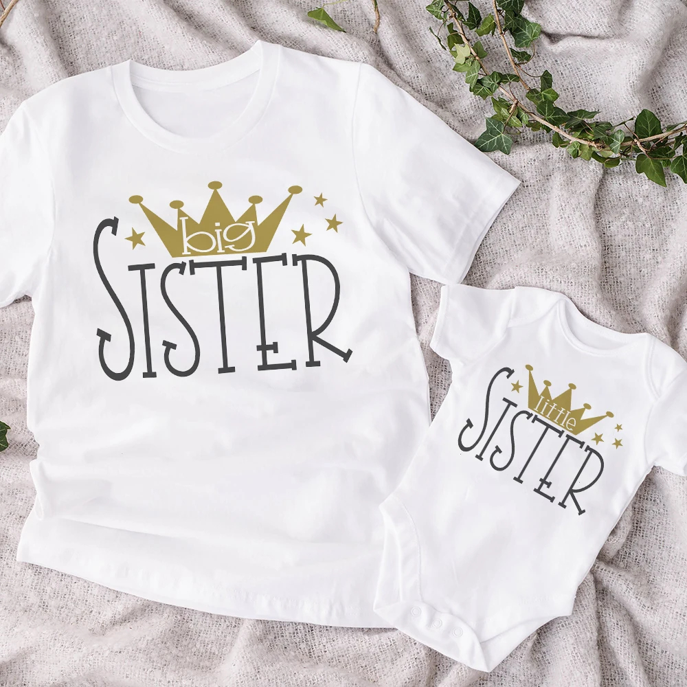 

Big sister Little sister Family Matching Clothes crown printed girls T-shirt Baby Toddler Romper Kids Tee Tops sibling Outfits