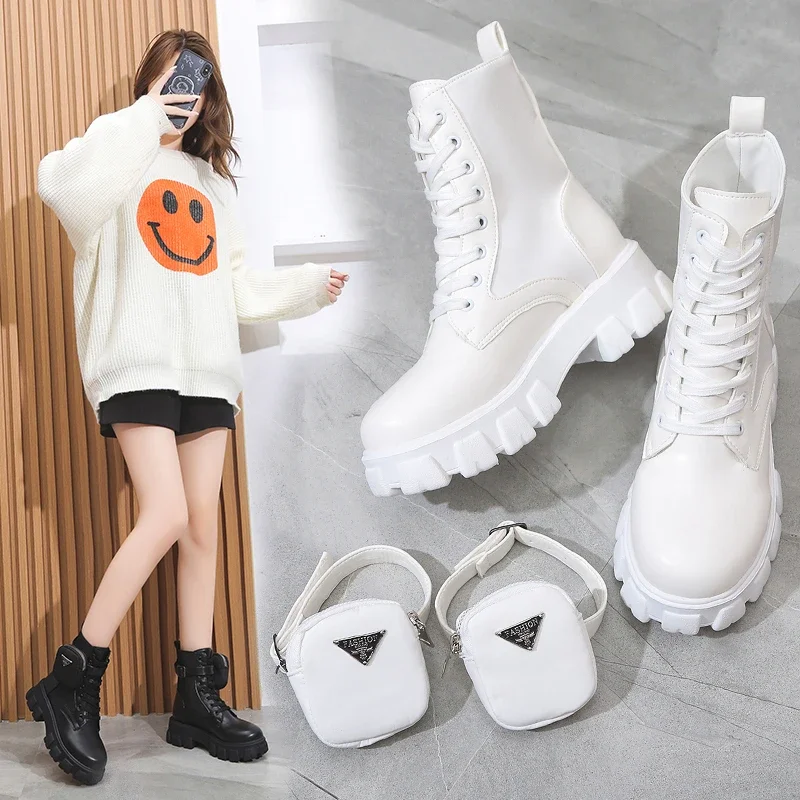 

Fashion White Punk Ankle Platform Motorcycle Boots Women Lace Up Chunky Heel Belt Buckle Pocket Designer Shoes Women Boots