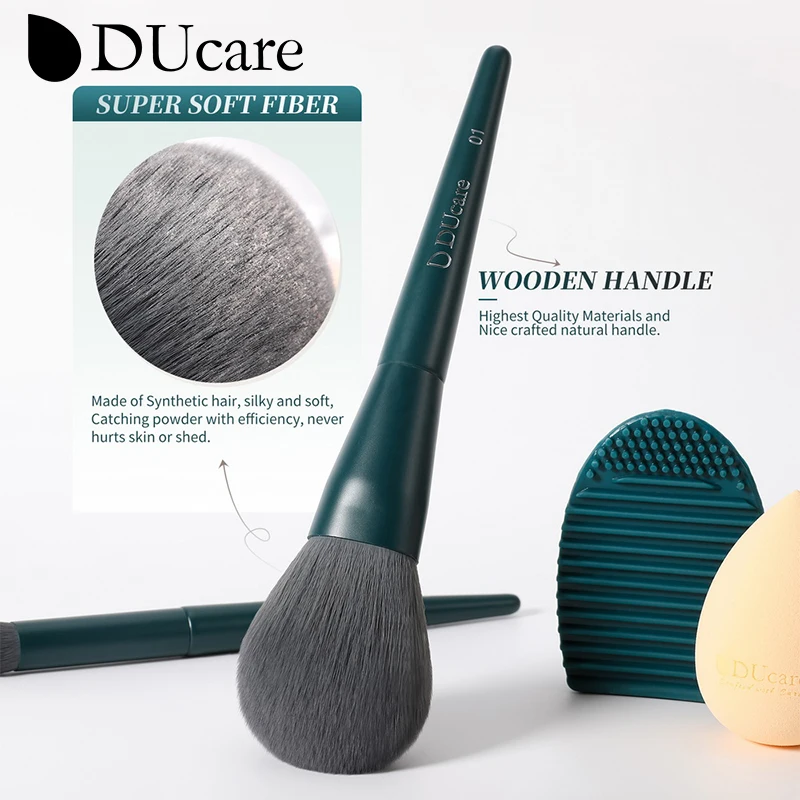 DUcare 전문가용 메이크업 브러시 17개 세트, 얼굴/눈: 파운데이션, 컨실러, 컨투어, 하이라이터, 파우더 ? 스펀지+세척패드, 그린, 여성용, 여행용 ? 합성모