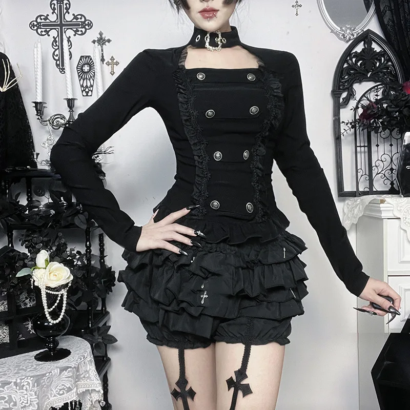 Subculture Lolita Mesh Trim Buckle Tops Mall Goth Punk Slim Long Sleeve Top Y2K 90s Pullover Alt T-shirts Halloween 2
