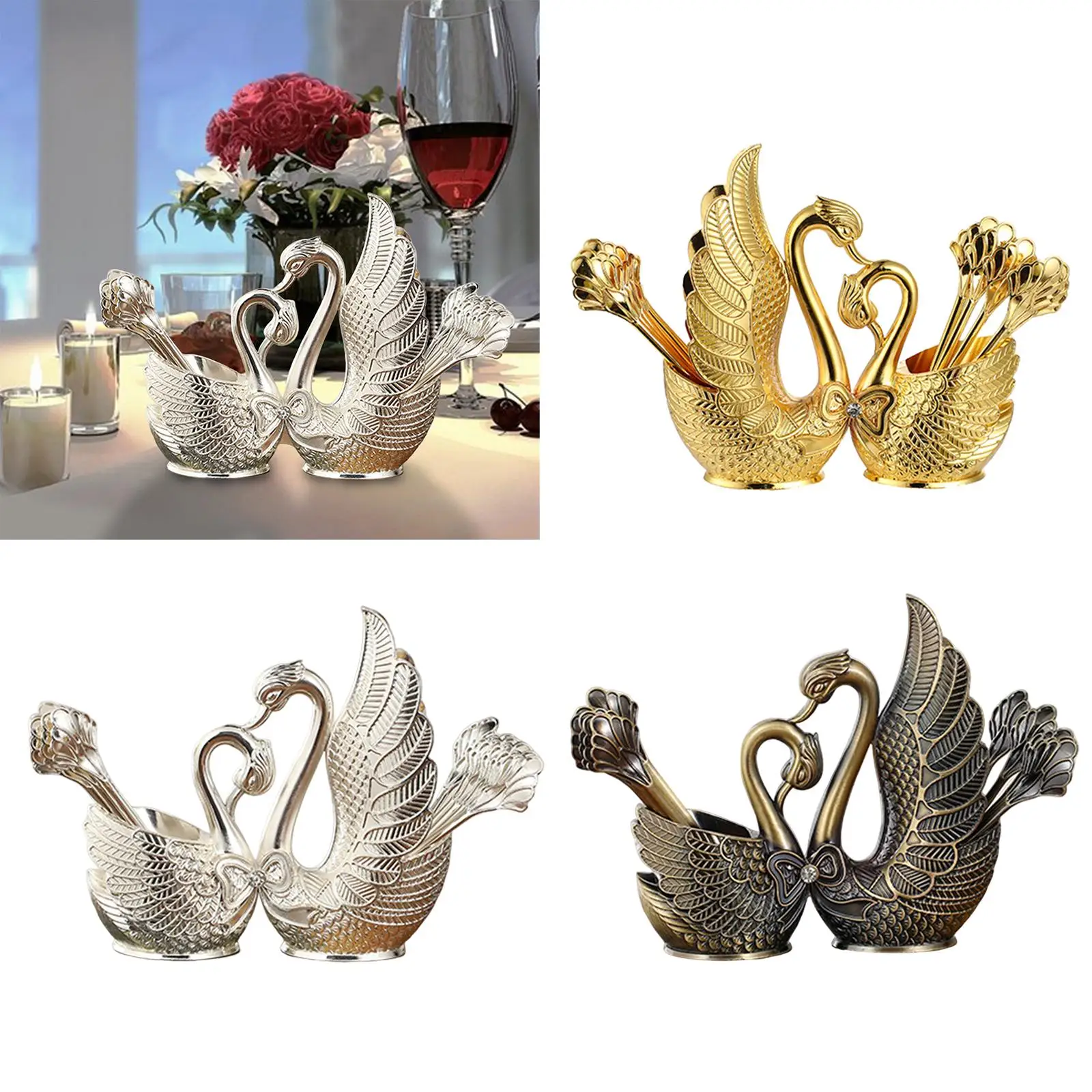 Swan Base Holder 6 Forks and 6 Spoons Cake Spoon Teaspoons Flatware Set Rack for Fruit Dessert Coffee Ice Cream Cake