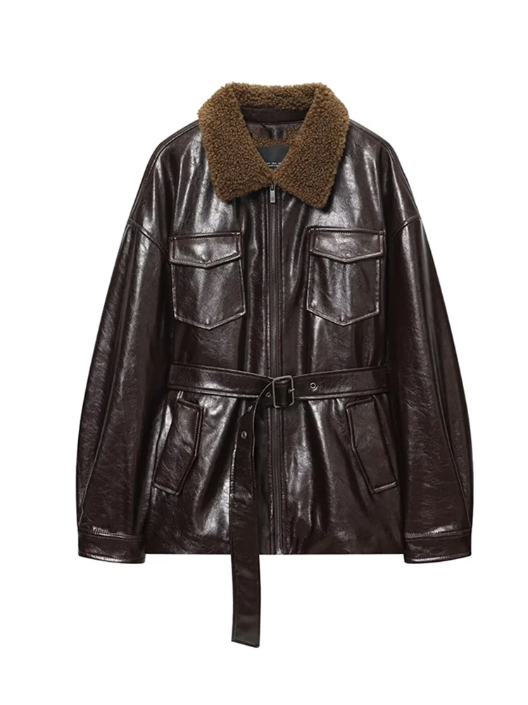 Women Faux Leather Jacket Fashion Solid Zipper Coats Elegant Belt Decor Pockets Leisure Jackets  Ladies PU Vintage Streetwear