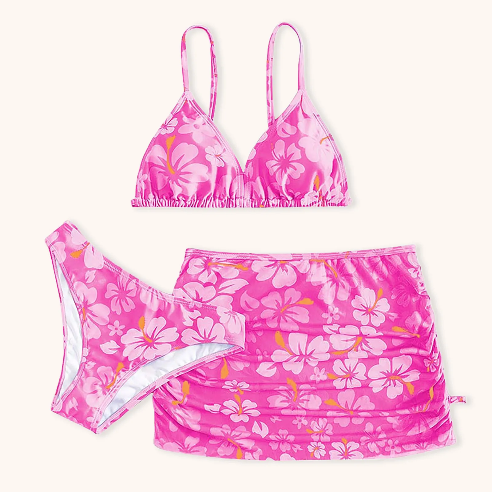 Girls Swimwear 3 Piece Swimsuits Flower Print Bikini Tops Underpants Kids