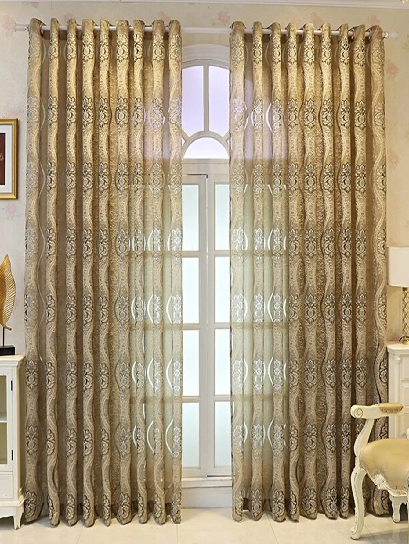 European Curry Eight Wave Perforated Curtains Living Room Bedroom Blackout Decorative Curtains Party Decoration