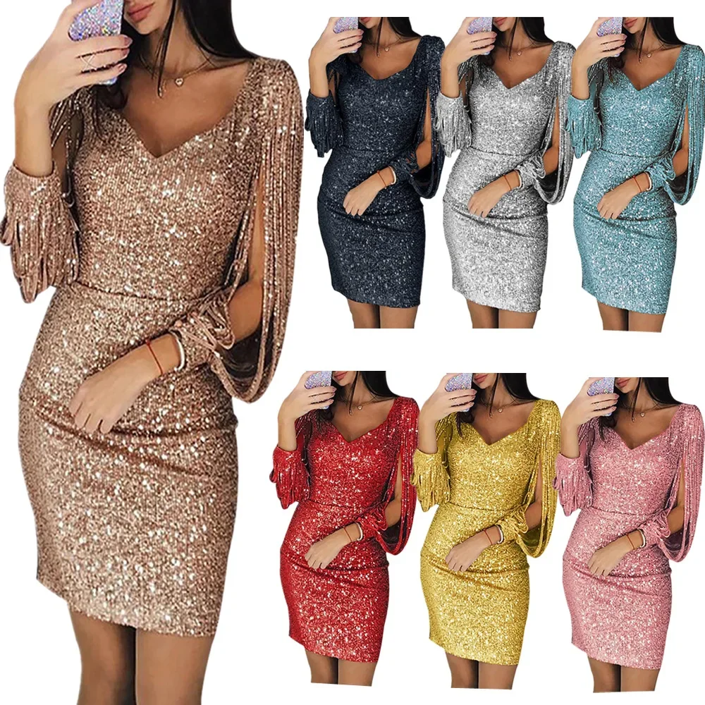 

2024 Sexy Women V Ncek Solid Shining Club New Fashion Sheath Sequined Glitter Stitching Long Sleeved Mini Dress for Female