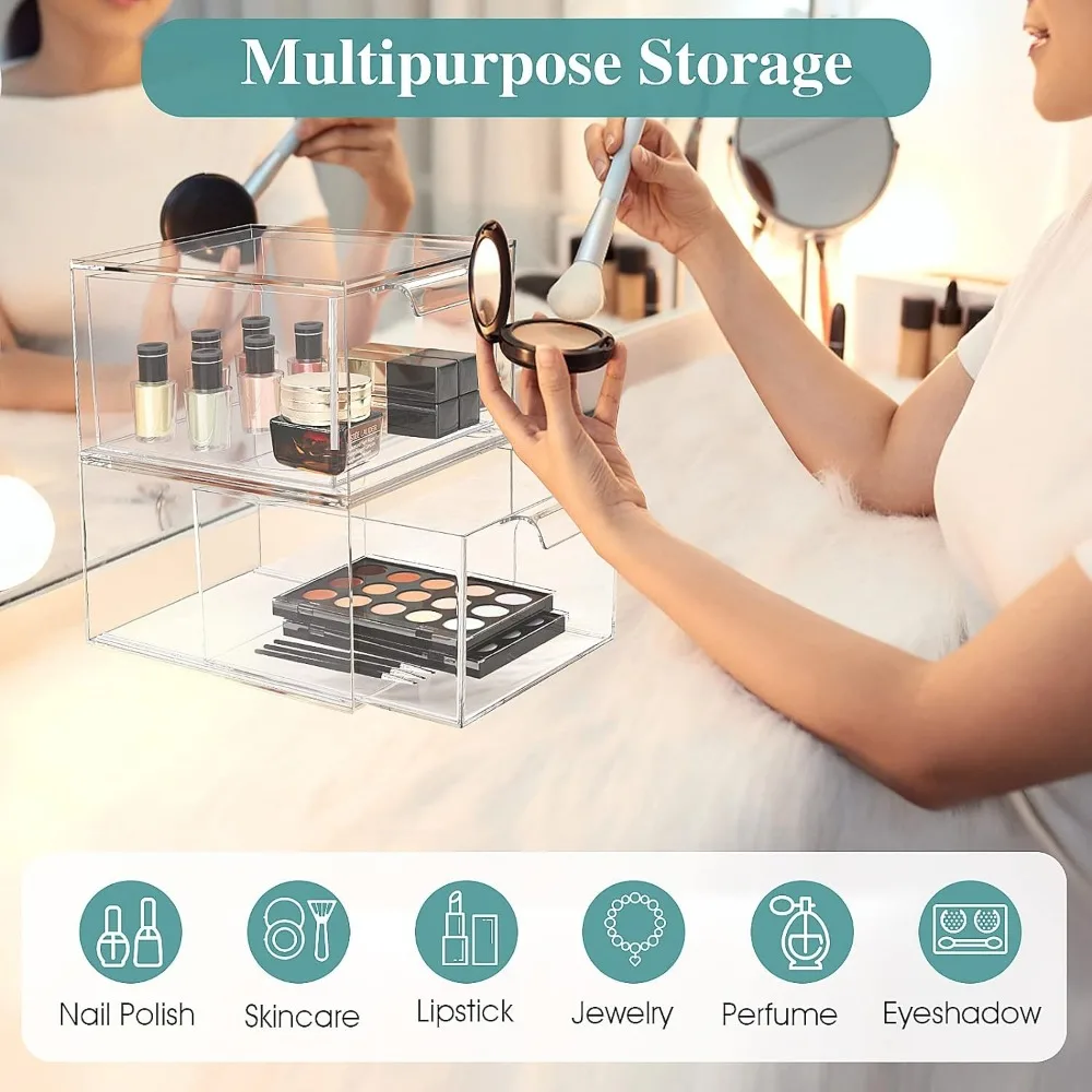 

4 Pack Stackable Makeup Organizer and Storage, Acrylic Organizers，Clear Plastic Storage Drawer with Handles for Vanity,