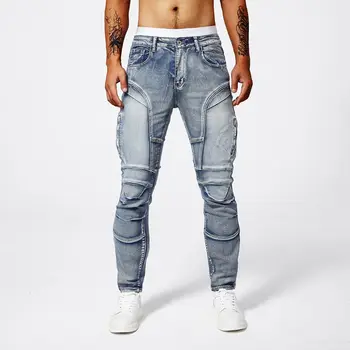 Two tone distressed patchwork jeans for men trendy jeans for summer thin straight leg pants slim fit small leg distressed jeans 1