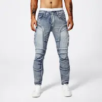 Two tone distressed patchwork jeans for men trendy jeans for summer thin straight leg pants slim fit small leg distressed jeans 1