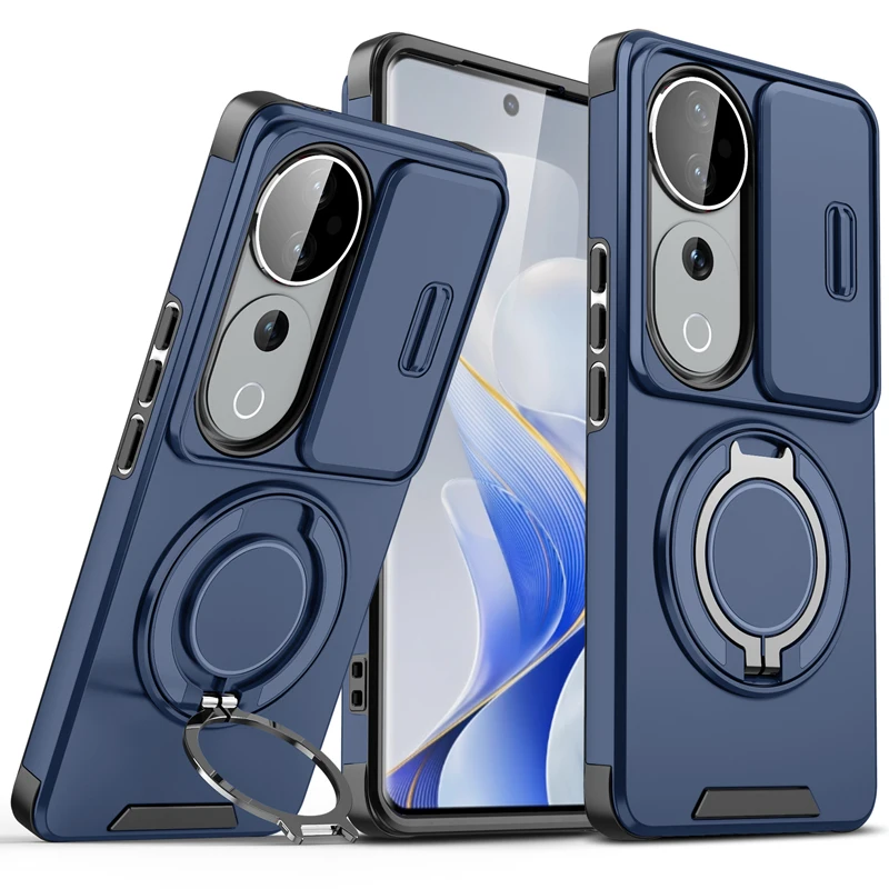 ELVEV Magnetic Shockproof Phone Case with Rotating Ring Bracket - Hard PC + Soft TPU
