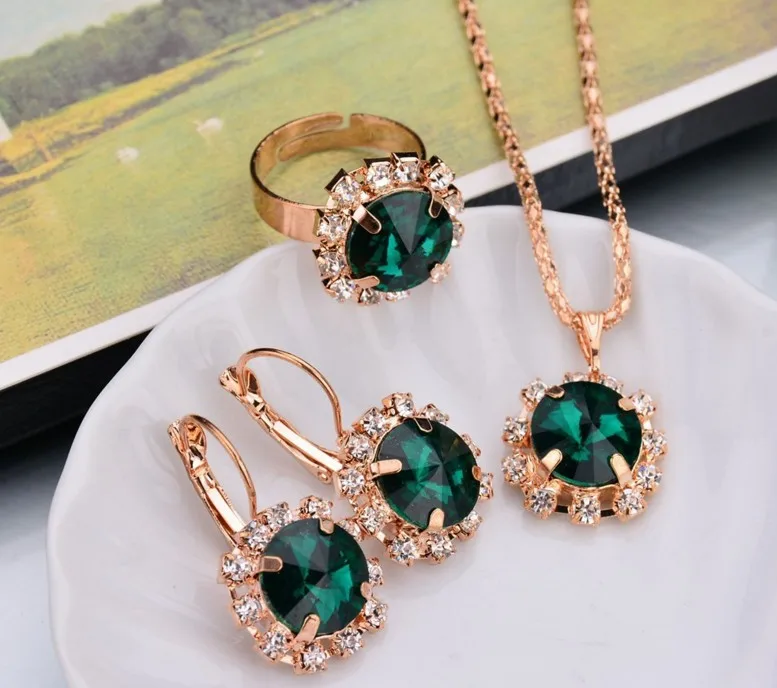 Fashion Jewelry Set for Women Round Crystal Pendants Earrings Ring Sets Bridal Decoration Colorful Three Piece Gifts