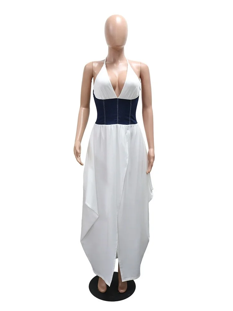 Wmstar Dresses for Women Wholesale Sexy Patchwork Denim High Waist Deep V Neck Big Swing Long Length Dress Drop Shopping