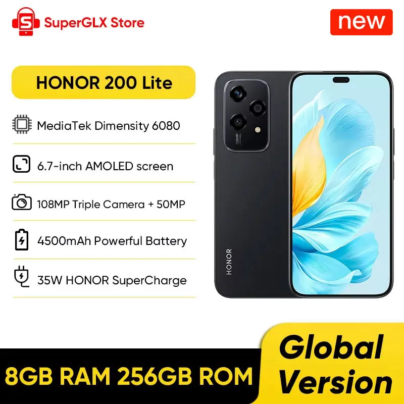 Global Version HONOR 200 Lite 5G Smartphone Mediatek Dimensity 6080 6.7" 90Hz AMOLED Display 108MP Main Camera 4500mAh Battery