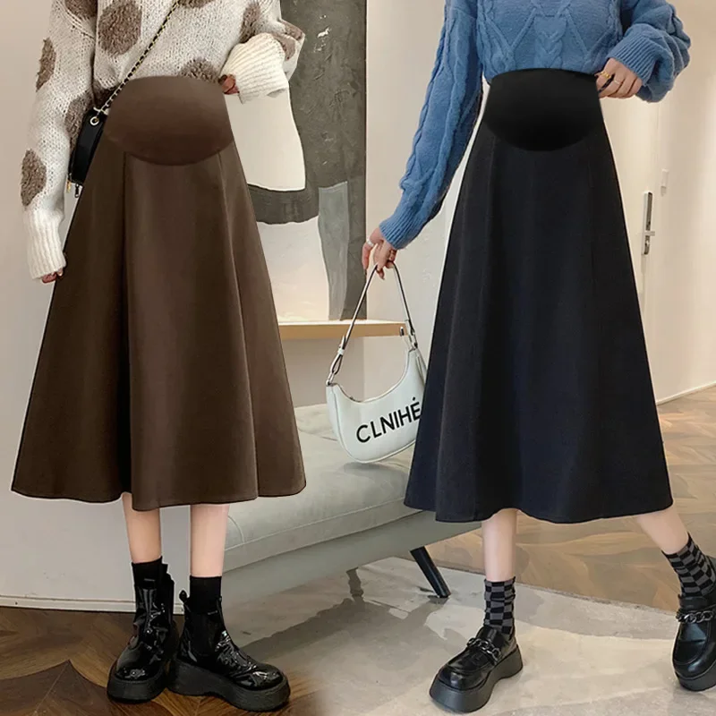 High Waist A- Line Mini Skirt for Pregnant Women Winter Outerwear Woolen Skirt Slimming Mid-Length