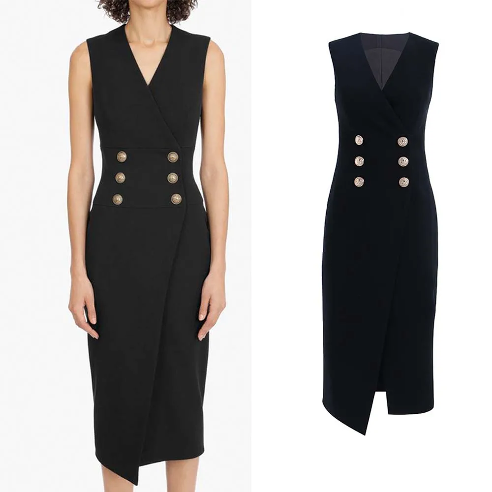 

2022 Spring And Summer New Fashion Temperament Commuter Sleeveless Black Vest Vest Split Rivet Button Long Women's Dress