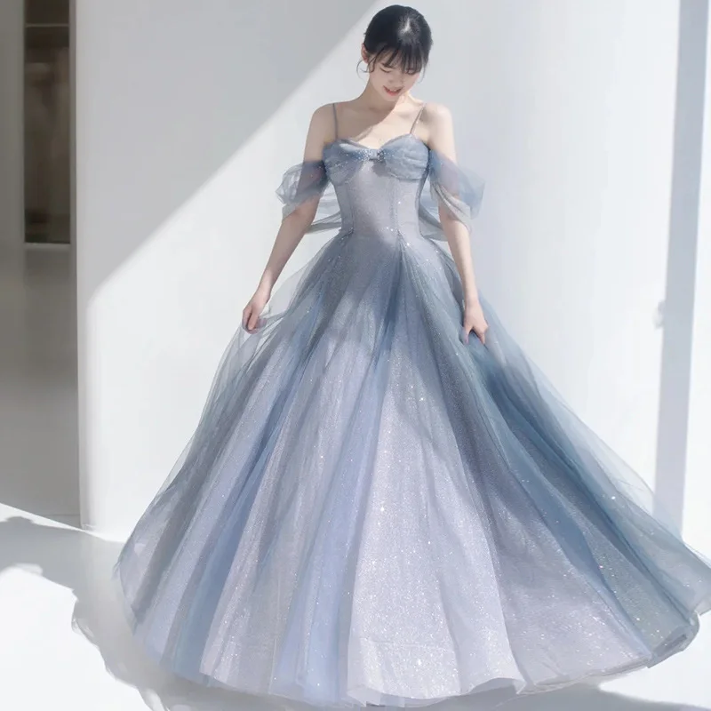 

Elegant Simple Spaghetti Strap Evening Dresses 2023 Women Grey Long A Line Floor Length Prom Gown