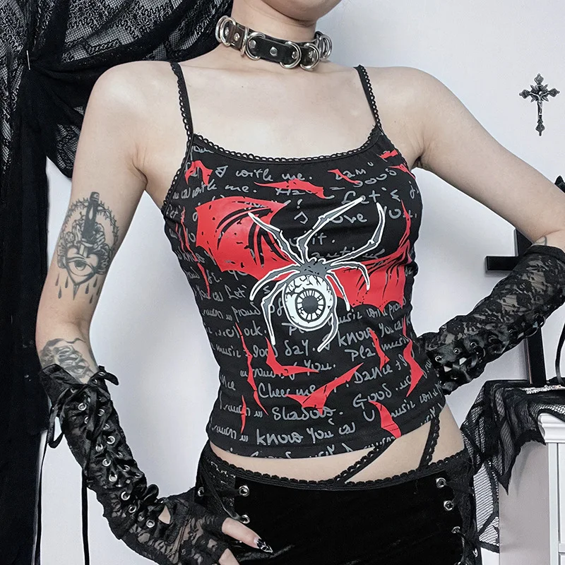 

Gothic Harajuku Camisole Top Women Sexy Punk Spider Print Black Slim Tank Tops Spaghetti Strap Backless Crop Top Girl Streetwear