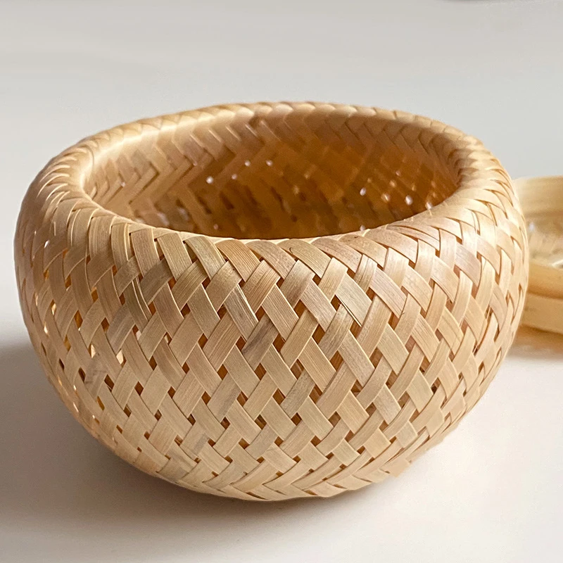 Bamboo Storage Basket With Lid Double Layer Handmade Woven Tea Basket Tabletop Storage Box for Tea Fruit Dried Fruit Snack Food 5
