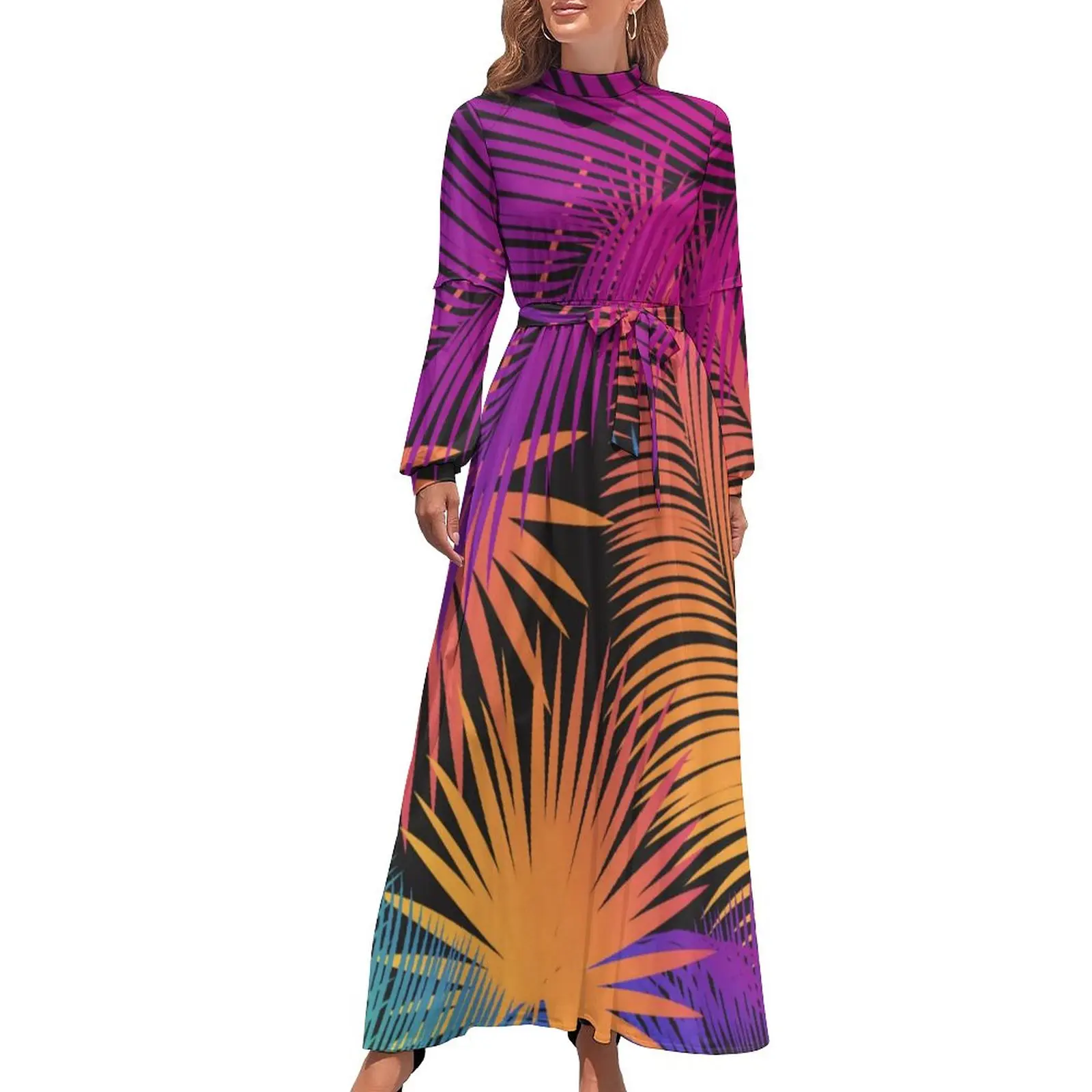 

Tropical Palm Tree Leaves Dress Long Sleeve Jungle Rainbow Sexy Maxi Dress High Waist Casual Custom Beach Long Dresses Gift Idea