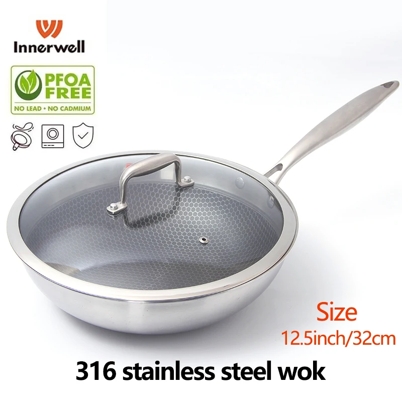 

Innerwell Kitchen 32cm Stainless Steel Pan Wok with Glass Lid Nonstick Nontoxic Cookware Chicken Steak Seafood Stir Fry Pots