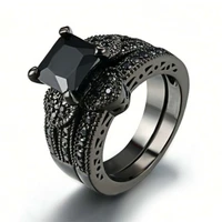 Gorgeous Black Full Zircon Couple Ring Fashion Men's Stainless Steel Ring Elegant Women's Heart-shaped 2pcs Wedding Jewelry Gift - Image 3