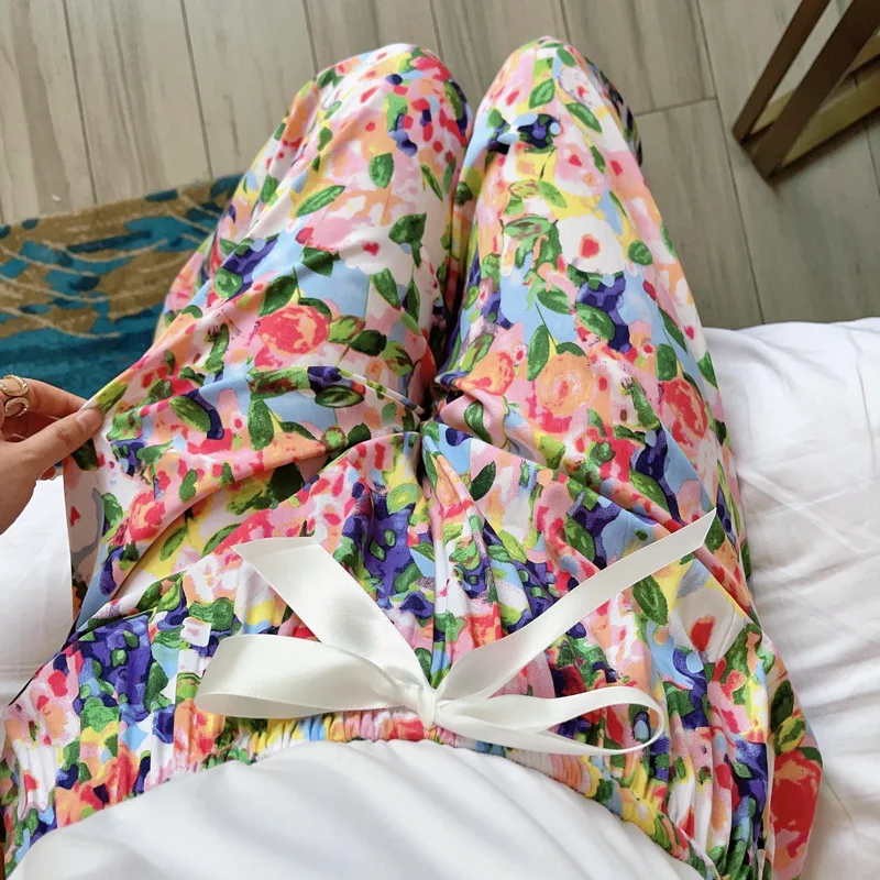Damen-Schlafhose, lässige, bequeme Hose mit Blumenmuster, wadenlang, Jogginghose, Strandhose mit elastischem Bund_voghion.com