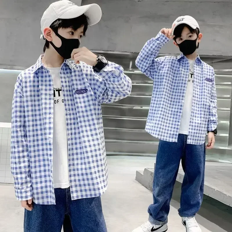 Children's Plaid Long Sleeve Shirt Lapel Collar Casual Top For Middle And Large Children Fashionable Chinese Style Boys Clothing