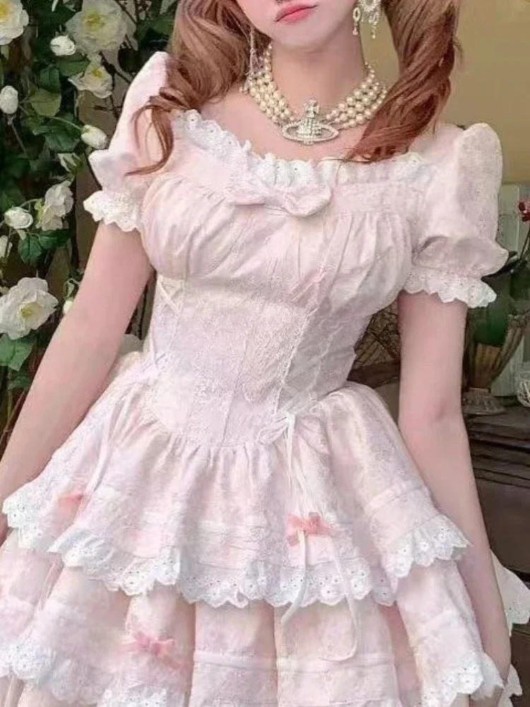 일본 카와이 리본 레이스 로리타 드레스 여성용 스윗 귀여운 퍼프 소매 슬림 핑크 미니 드레스 여성 예쁜 요정 공주 드레스 신상품