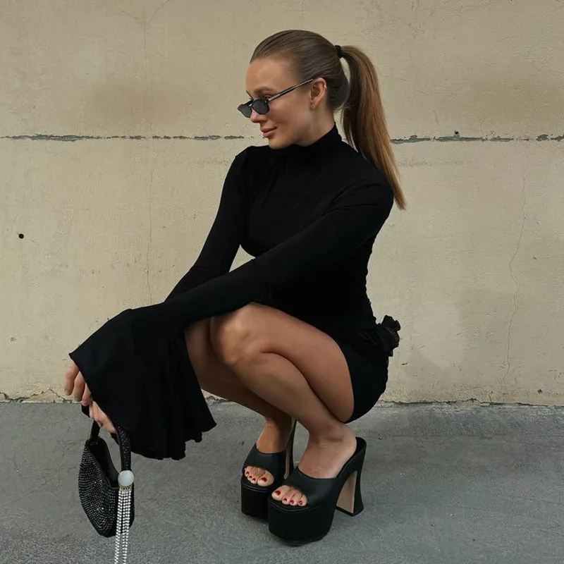 Autumn Ruffled Patchwork Mini Dress Women's Long Sleeve High Waist Fashion Elegant Dress Ladies Skinny Party Dress