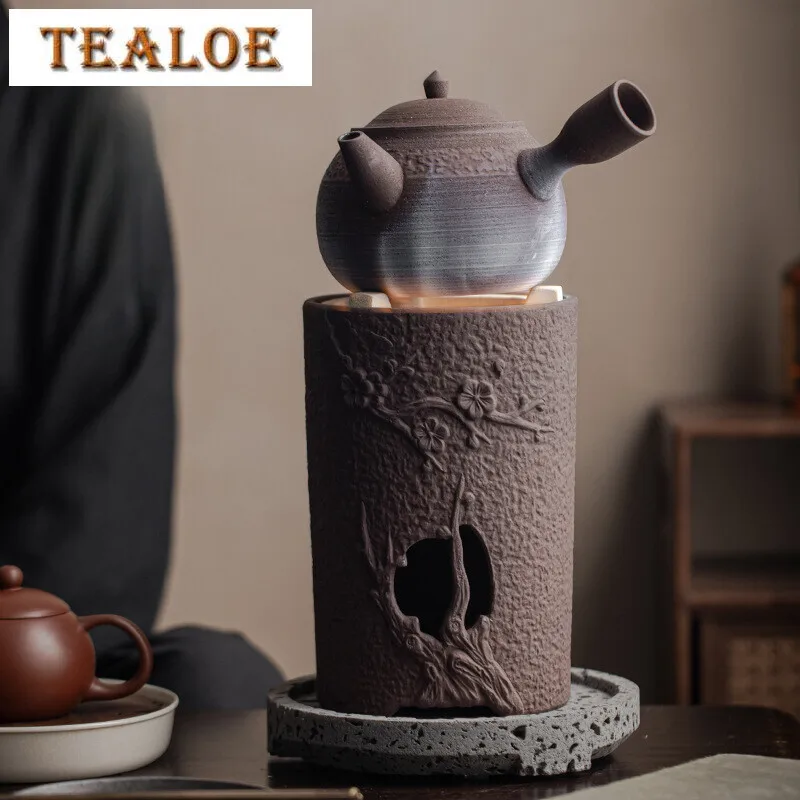 Rock Mud Handmade Tea Warmer Stove Japanese Style Side Handle Pot Warmer Vintage Tea Stove Kettle Stand Ceremony Ornaments