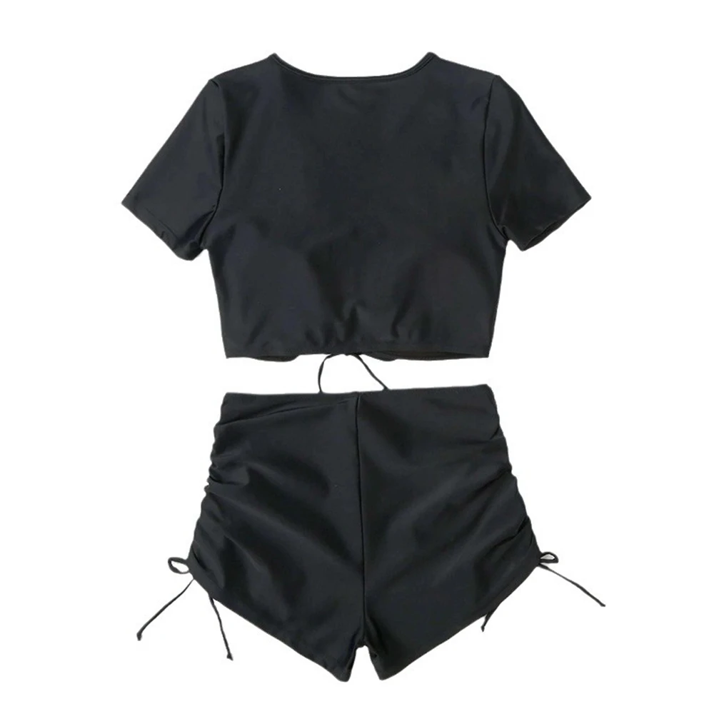 Black/Red Bikini Sexy V-neck Short Sleeve Tops High Waiste Drawstring Swimming Trunks Solid Swimsuit Summer Quick Drying Outfits