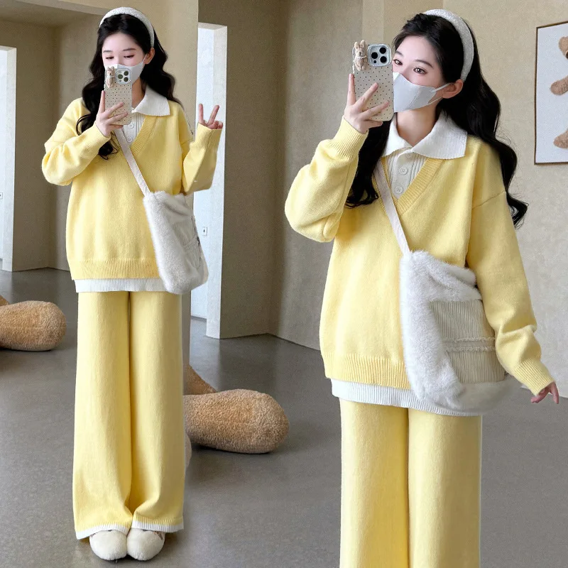 2025년 가을 신상품 미니멀리스트 귀여운 우아한 라펠 페이크 투피스 스웨터와 와이드 레그 팬츠 투피스 세트