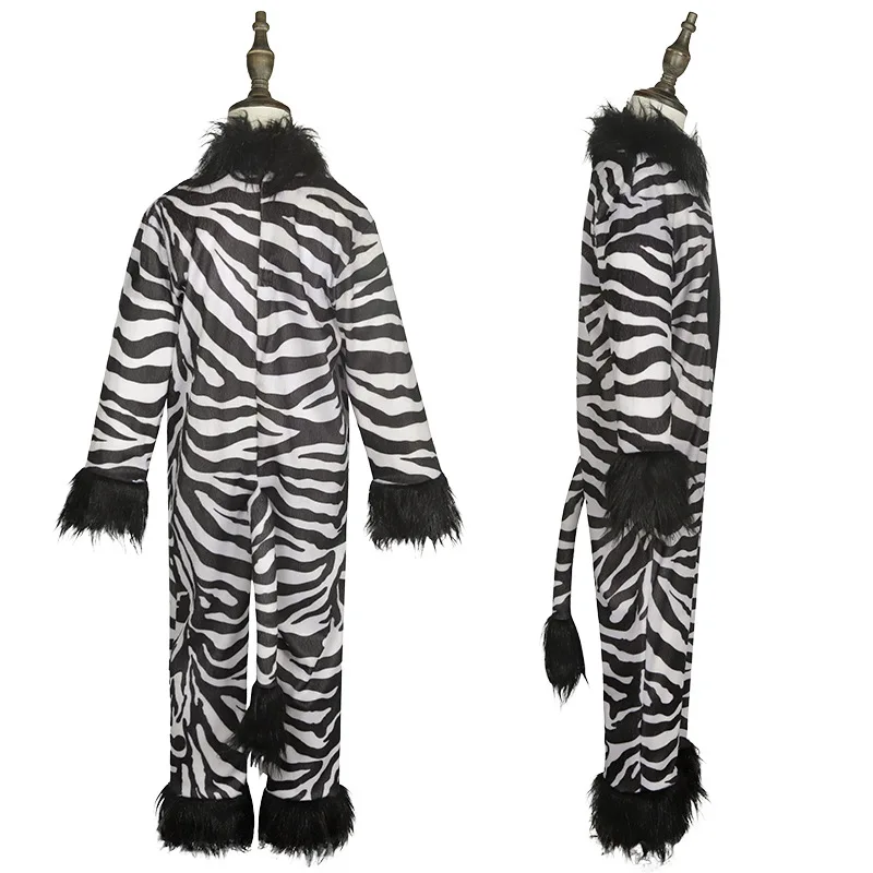 Kids Zebra Costume Children's Animal Jumpsuit with Headband Tail Plush Trim Halloween Party Dress Up Outfit