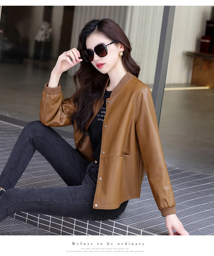 New Women Casual Leather Jacket Spring Autumn Fashion Patchwork V-Neck Single Breasted Loose Short Outerwear Split Leather