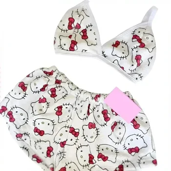 Sanrio Cartoon Hello Kitty Loose Ladies Pajama Suits Womens Sleep Bottoms Lounge Summer Beachwear Home Wear for Women Two-Piece 2