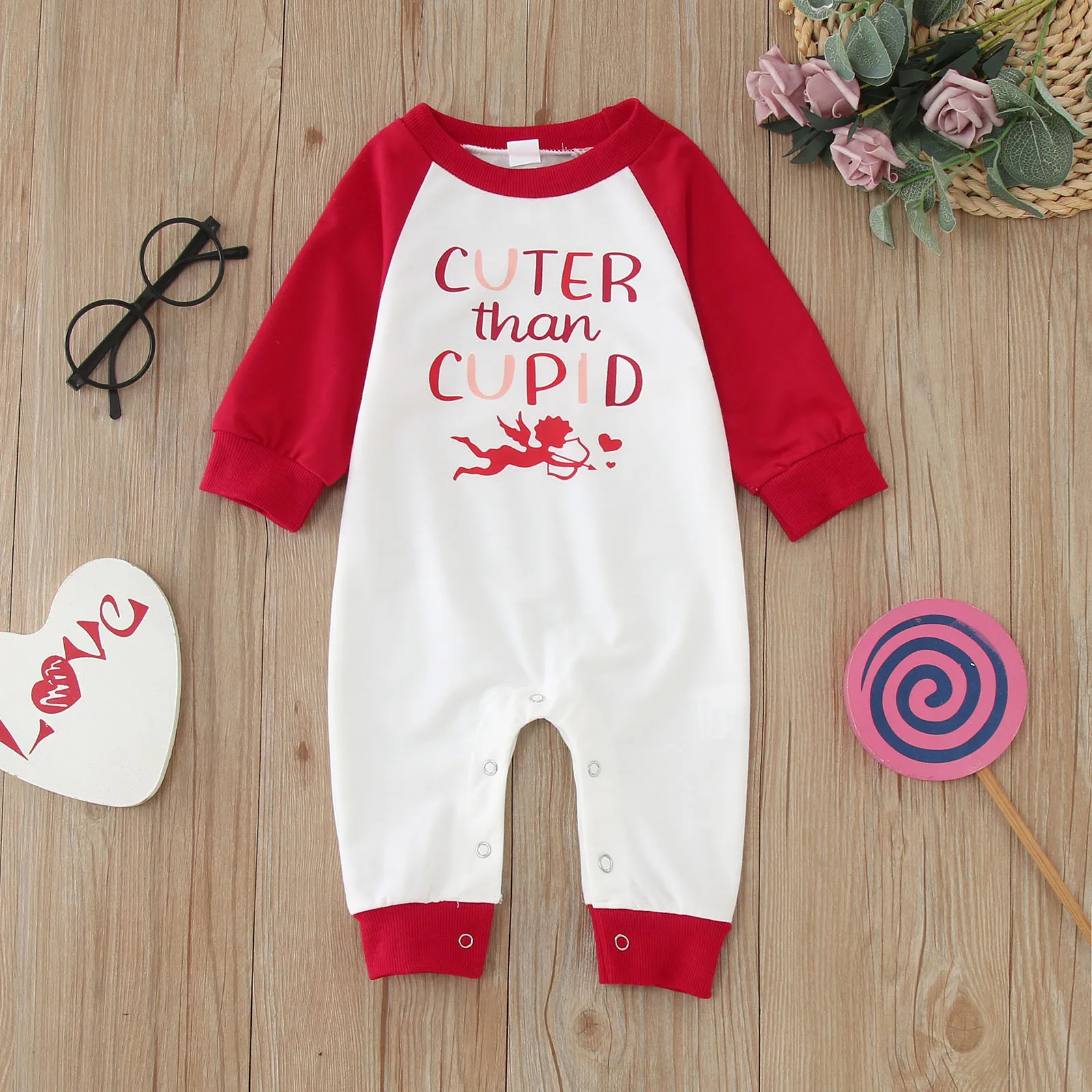 

0-18M Baby Boys Valentine's Day Casual Romper Long Sleeve Letter Print Contrast Color Jumpsuit Autumn Winter Newborns Clothing