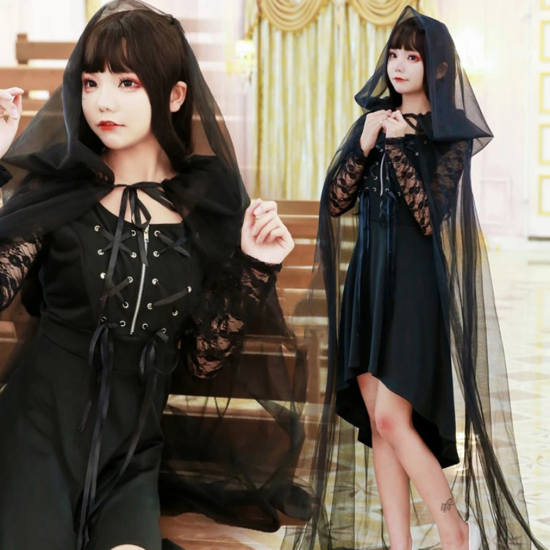 

Halloween Costume for Women Vampire Cosplay Ghost Bride Witch Cloak Dress Black Ghost Makeup Ball Party Vestidos