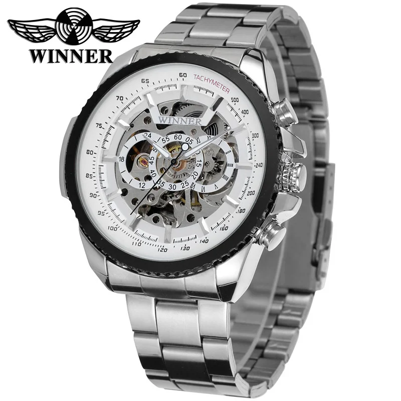 

T-WINNER Watch For Men Hollow Out Three Circles Picture Mechanical Watch Steel Band Silver Mechanical Men Watch Reloj Hombre