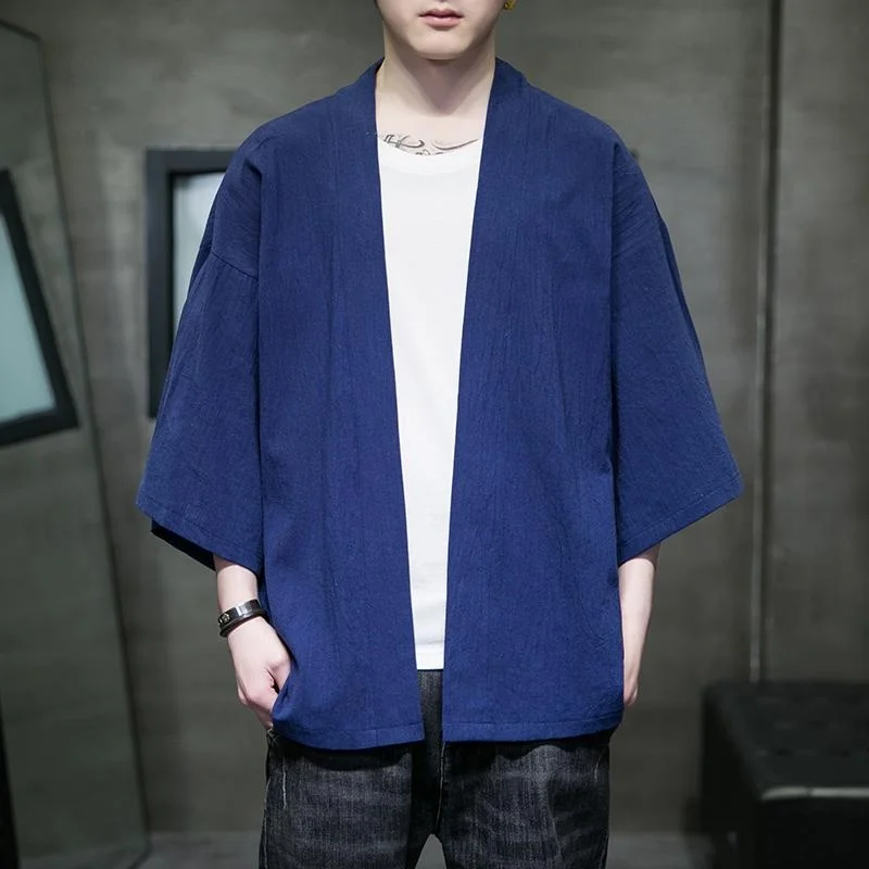 Kimono Solid Color T-shirt 3/4 Sleeve Open Front Cardigan Shirt Tops Asian Cloth Streetwear Men's Loose Coat