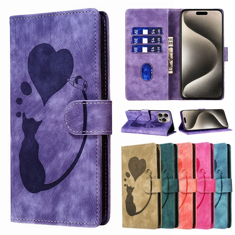 Custodia Per Telefono In Pelle Love Heart Cat Per Samsung Galaxy S21 S22 Ss23 S24 Ultra Plus S20Fe Fe 5G Flip Cover Card Slot Bags